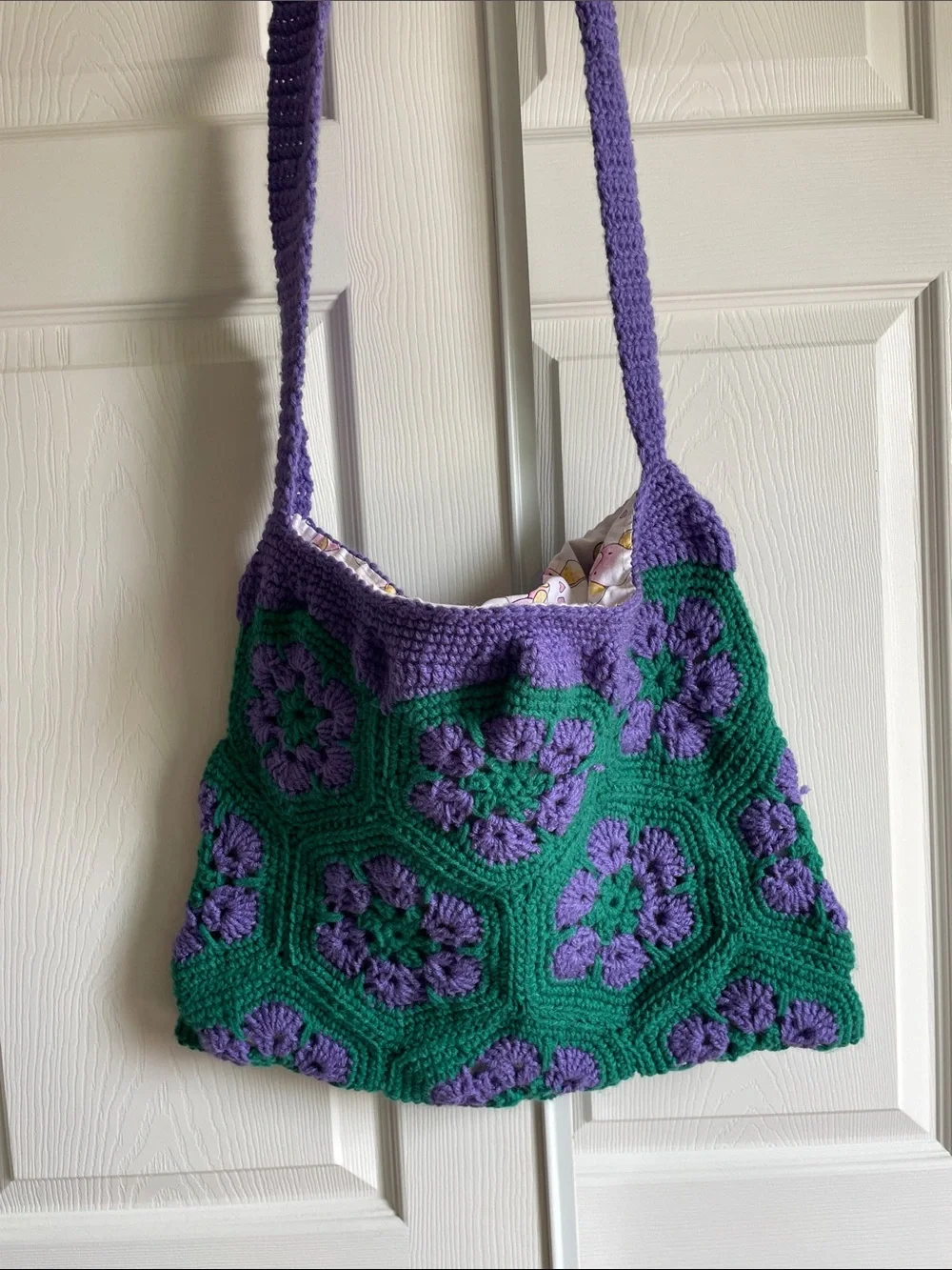 Handmade Purple Crocheted Crossbody Bag with Pink Elephant Lining - Picture 1 of 6